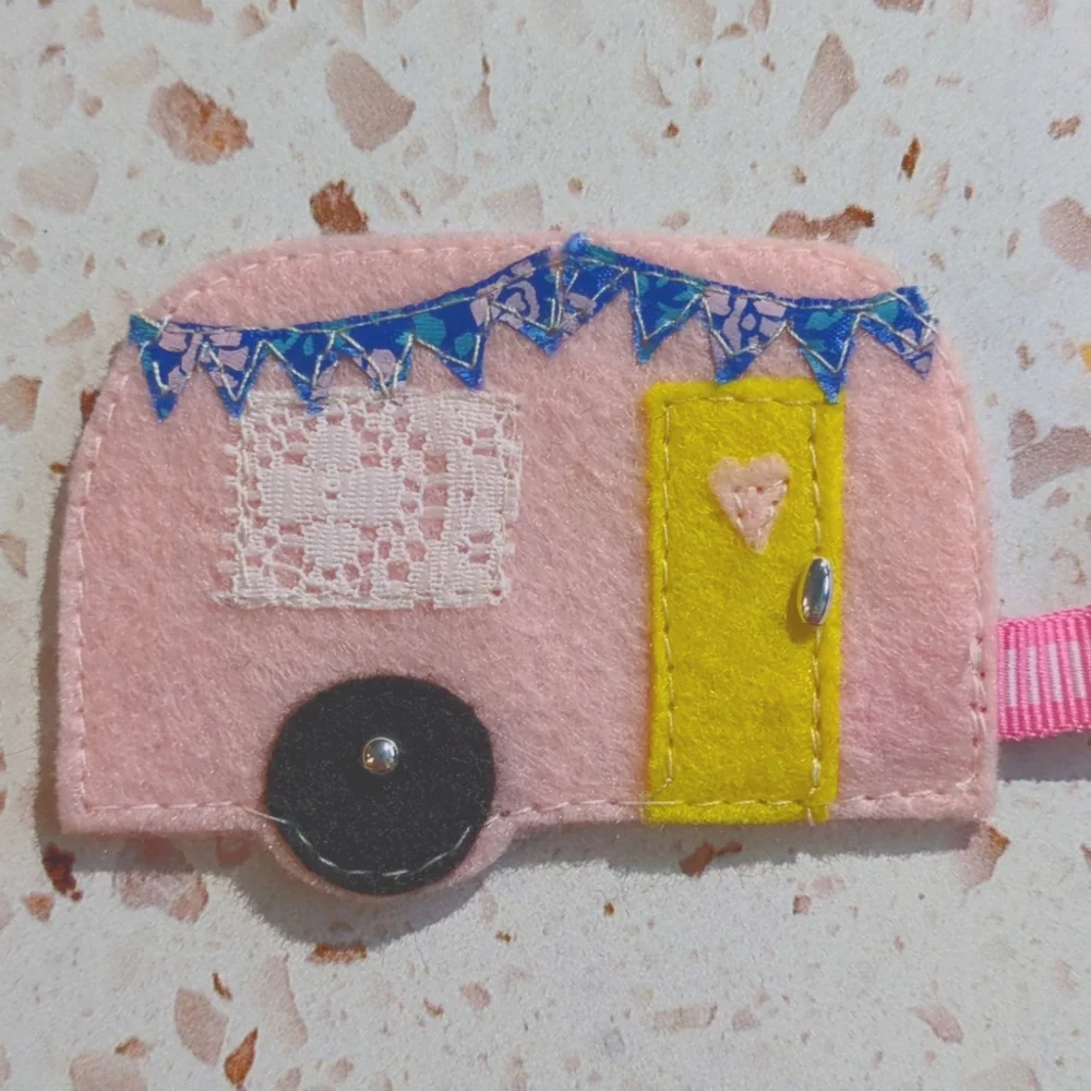 Happy Camper Key Fob Handcrafted Pink Felt Applique Lace Ribbon Bead | New #5